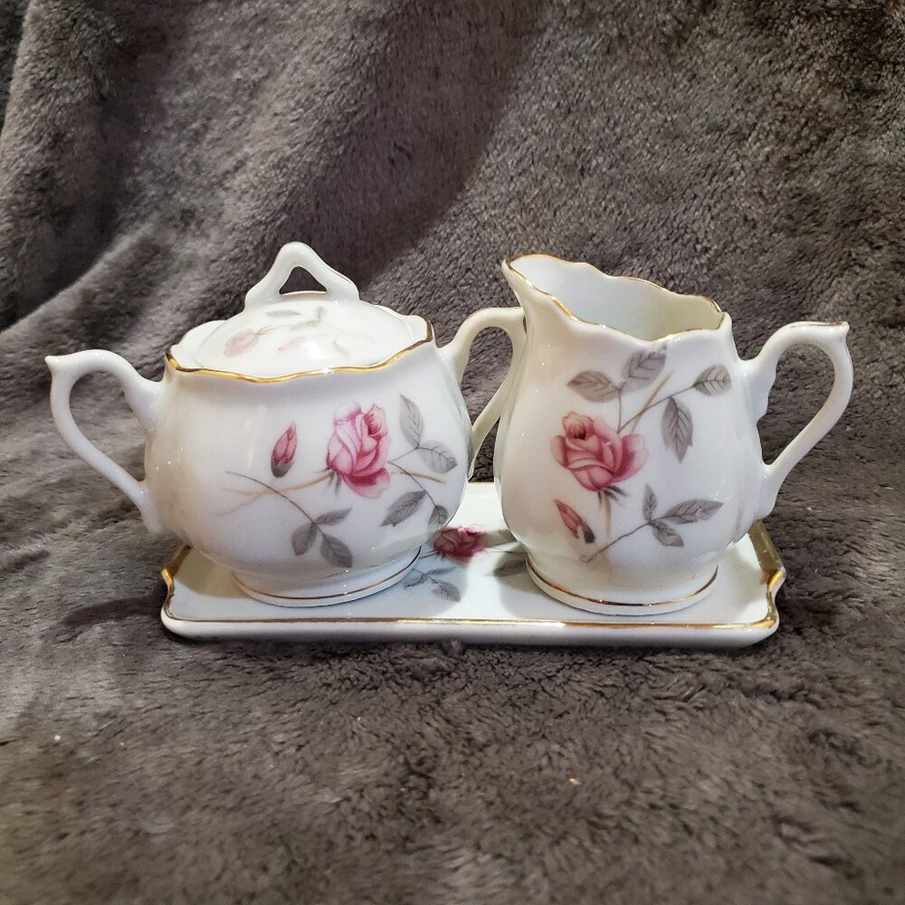 Napco Cream And Sugar With Tray Hand Painted with Gold Trim No Chips Or Cracks